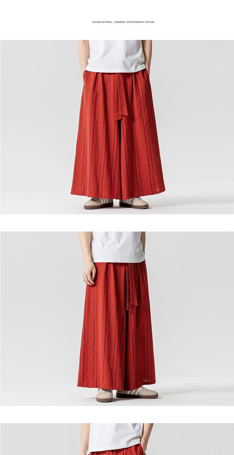 Striped Pants Men's Cotton Linen Comfortable Breathable Wide Leg Trousers Kimono Japanese Samurai Casual Loose Fashion Pants Men