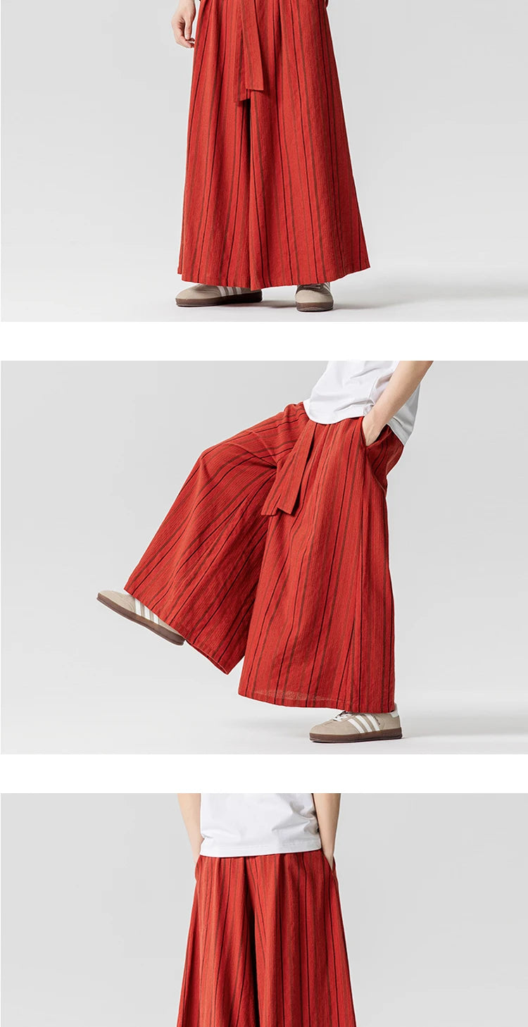 Striped Pants Men's Cotton Linen Comfortable Breathable Wide Leg Trousers Kimono Japanese Samurai Casual Loose Fashion Pants Men