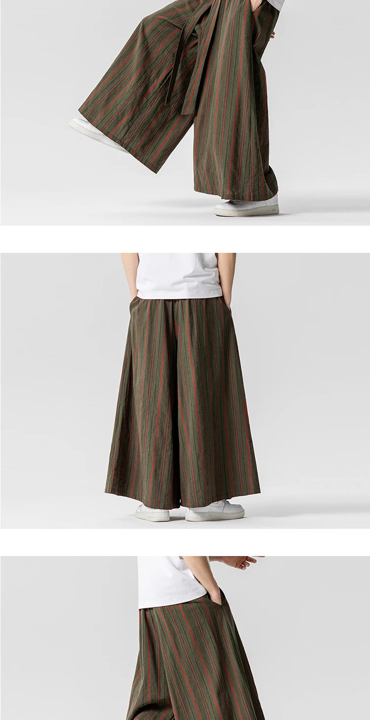 Striped Pants Men's Cotton Linen Comfortable Breathable Wide Leg Trousers Kimono Japanese Samurai Casual Loose Fashion Pants Men