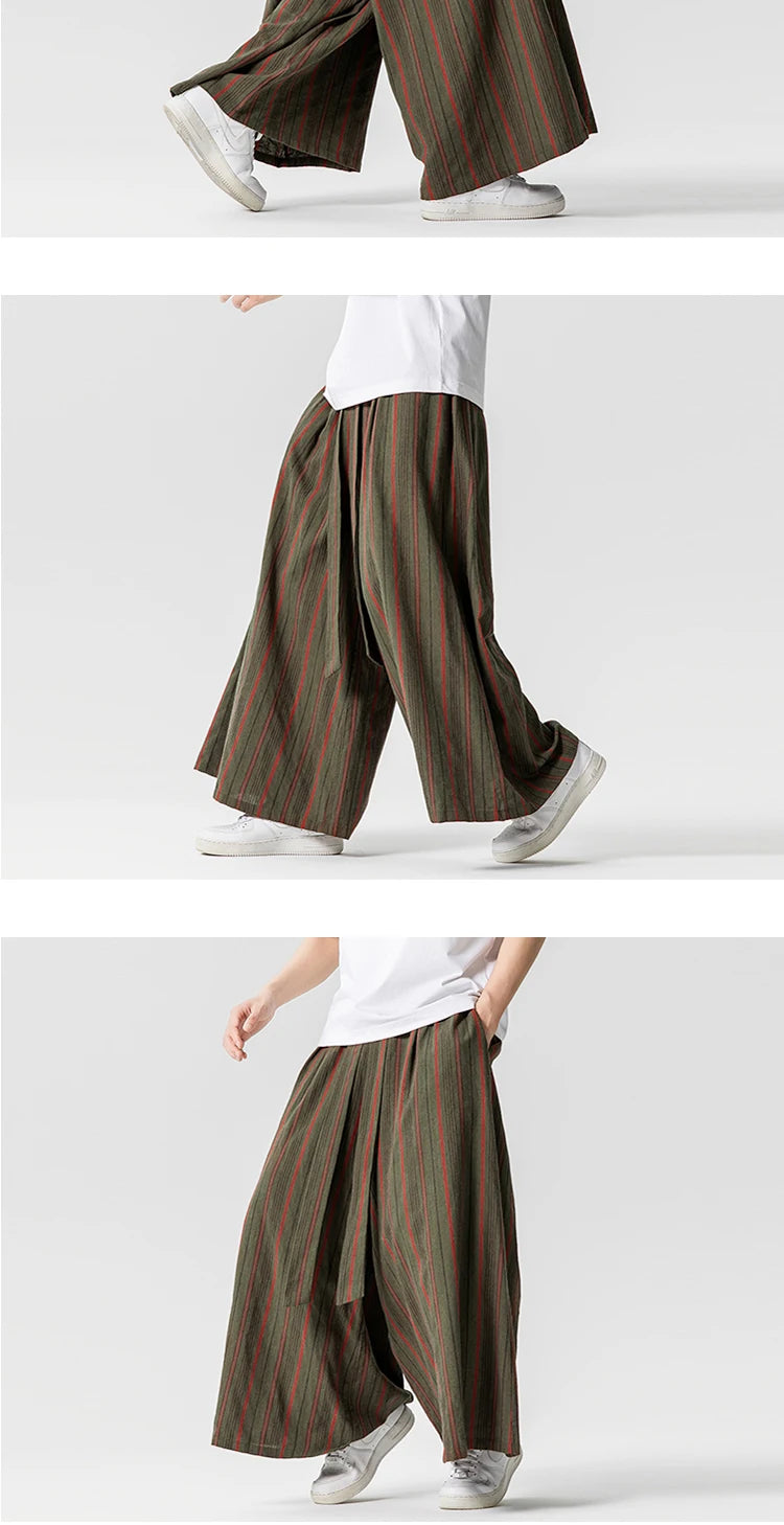 Striped Pants Men's Cotton Linen Comfortable Breathable Wide Leg Trousers Kimono Japanese Samurai Casual Loose Fashion Pants Men