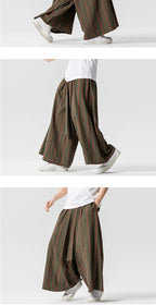 Striped Pants Men's Cotton Linen Comfortable Breathable Wide Leg Trousers Kimono Japanese Samurai Casual Loose Fashion Pants Men