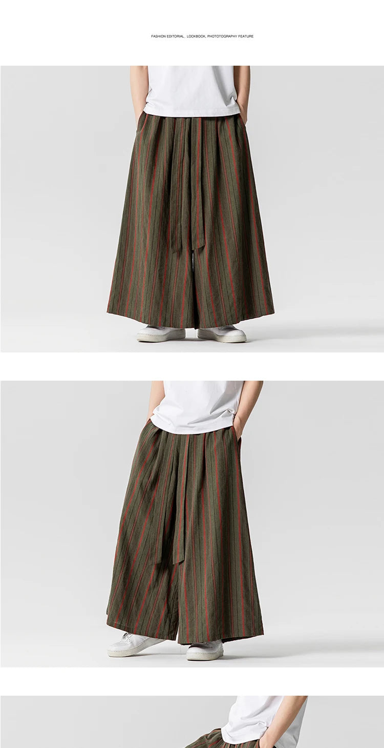 Striped Pants Men's Cotton Linen Comfortable Breathable Wide Leg Trousers Kimono Japanese Samurai Casual Loose Fashion Pants Men