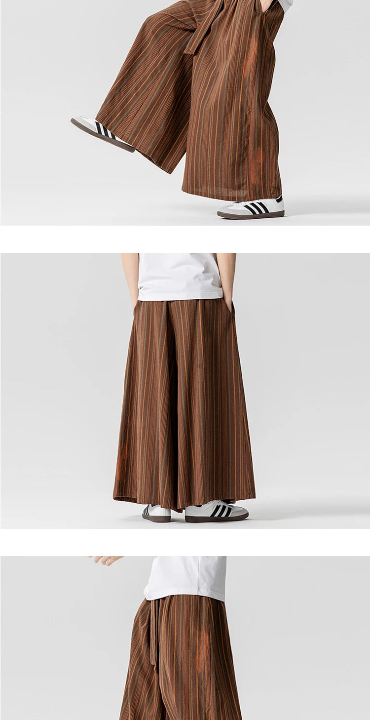 Striped Pants Men's Cotton Linen Comfortable Breathable Wide Leg Trousers Kimono Japanese Samurai Casual Loose Fashion Pants Men