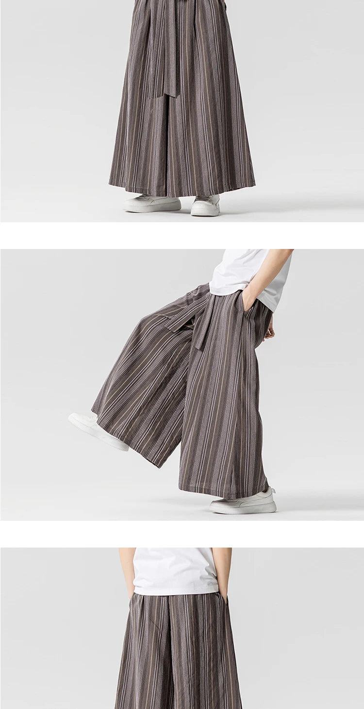 Striped Pants Men's Cotton Linen Comfortable Breathable Wide Leg Trousers Kimono Japanese Samurai Casual Loose Fashion Pants Men