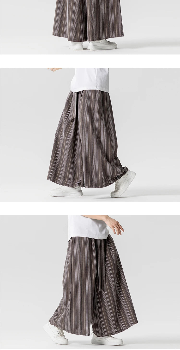 Striped Pants Men's Cotton Linen Comfortable Breathable Wide Leg Trousers Kimono Japanese Samurai Casual Loose Fashion Pants Men