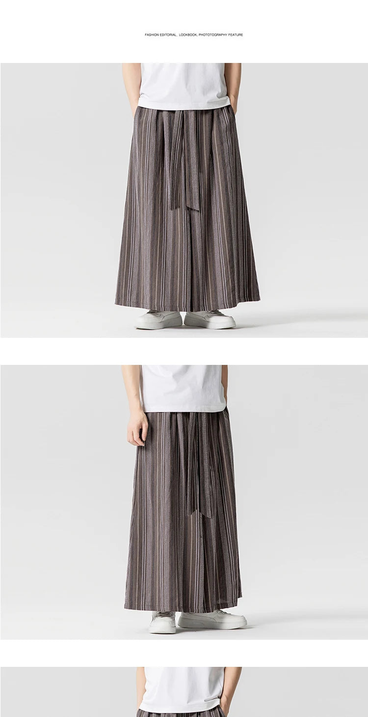 Striped Pants Men's Cotton Linen Comfortable Breathable Wide Leg Trousers Kimono Japanese Samurai Casual Loose Fashion Pants Men