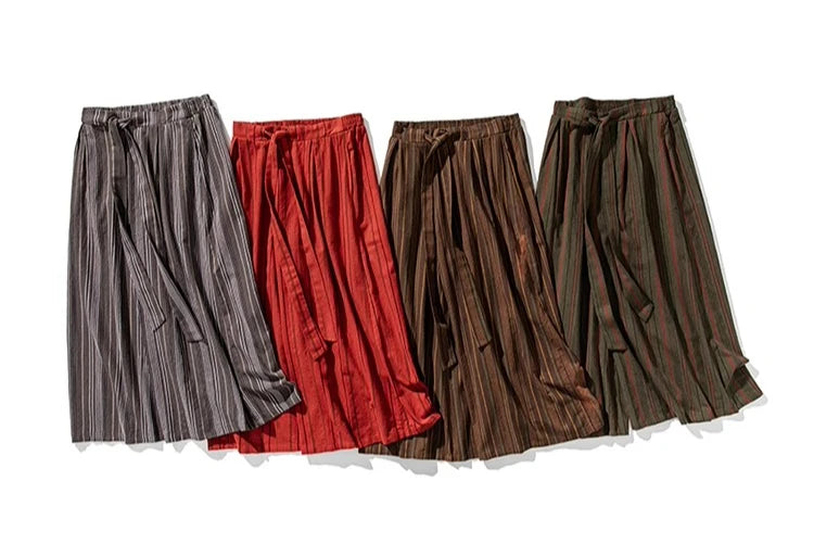 Striped Pants Men's Cotton Linen Comfortable Breathable Wide Leg Trousers Kimono Japanese Samurai Casual Loose Fashion Pants Men