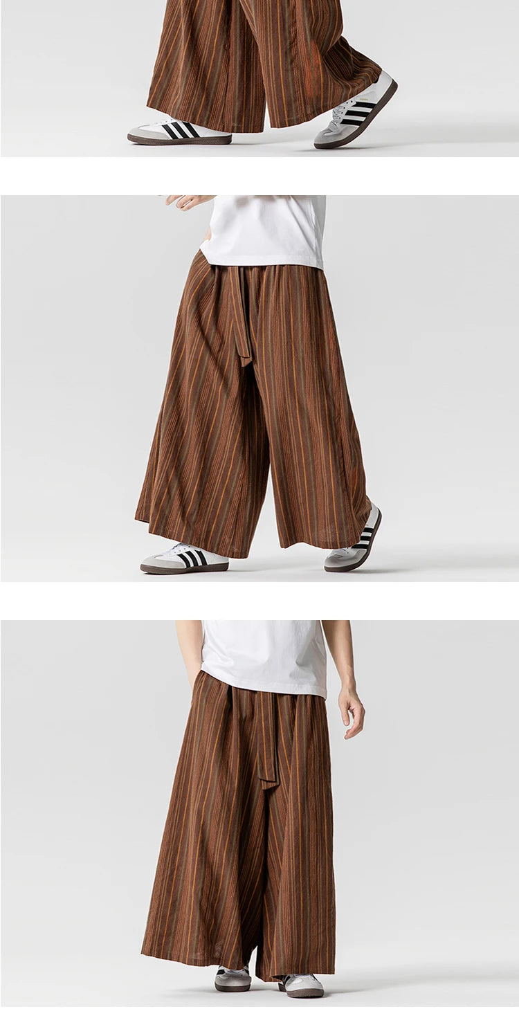 Striped Pants Men's Cotton Linen Comfortable Breathable Wide Leg Trousers Kimono Japanese Samurai Casual Loose Fashion Pants Men