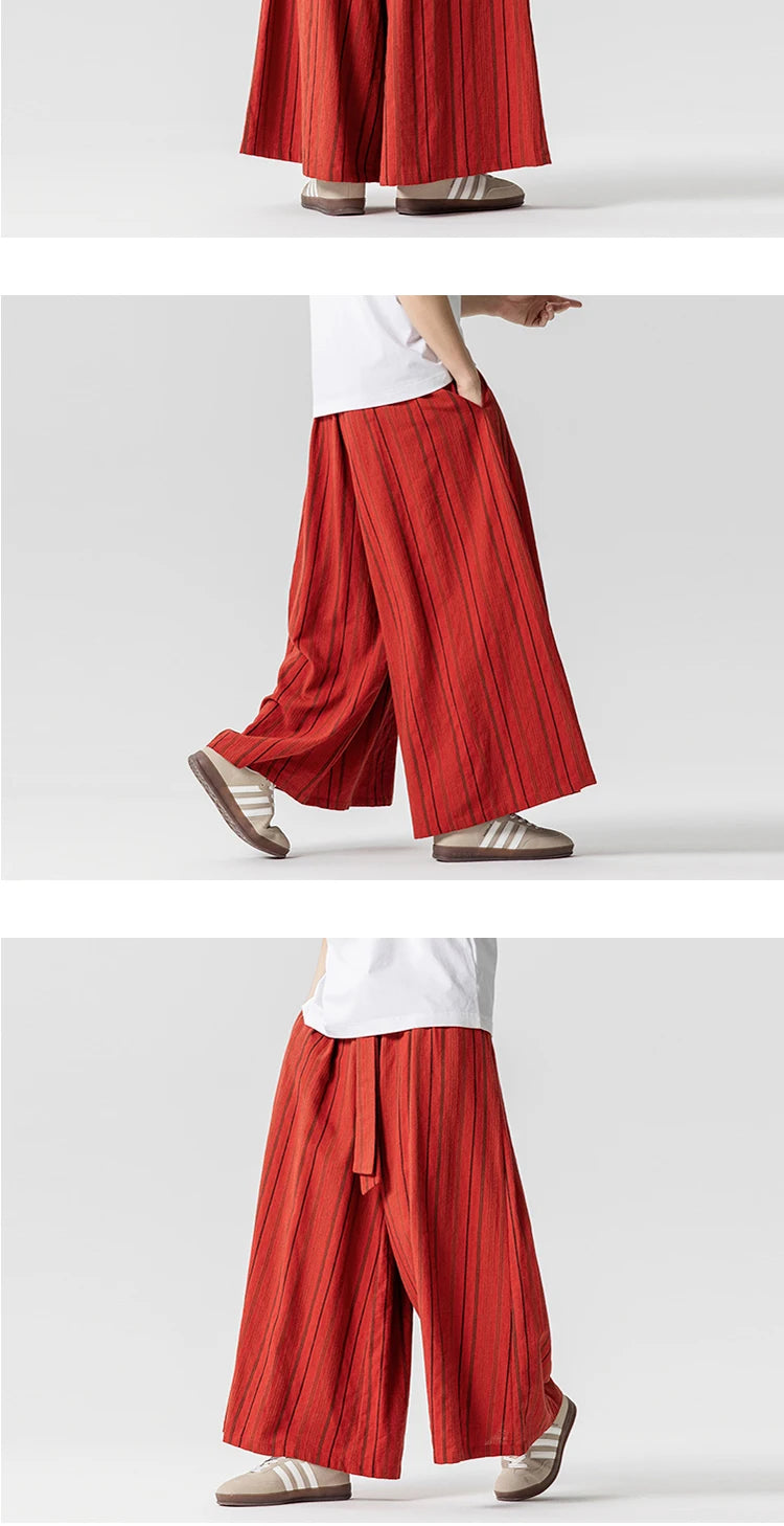 Striped Pants Men's Cotton Linen Comfortable Breathable Wide Leg Trousers Kimono Japanese Samurai Casual Loose Fashion Pants Men